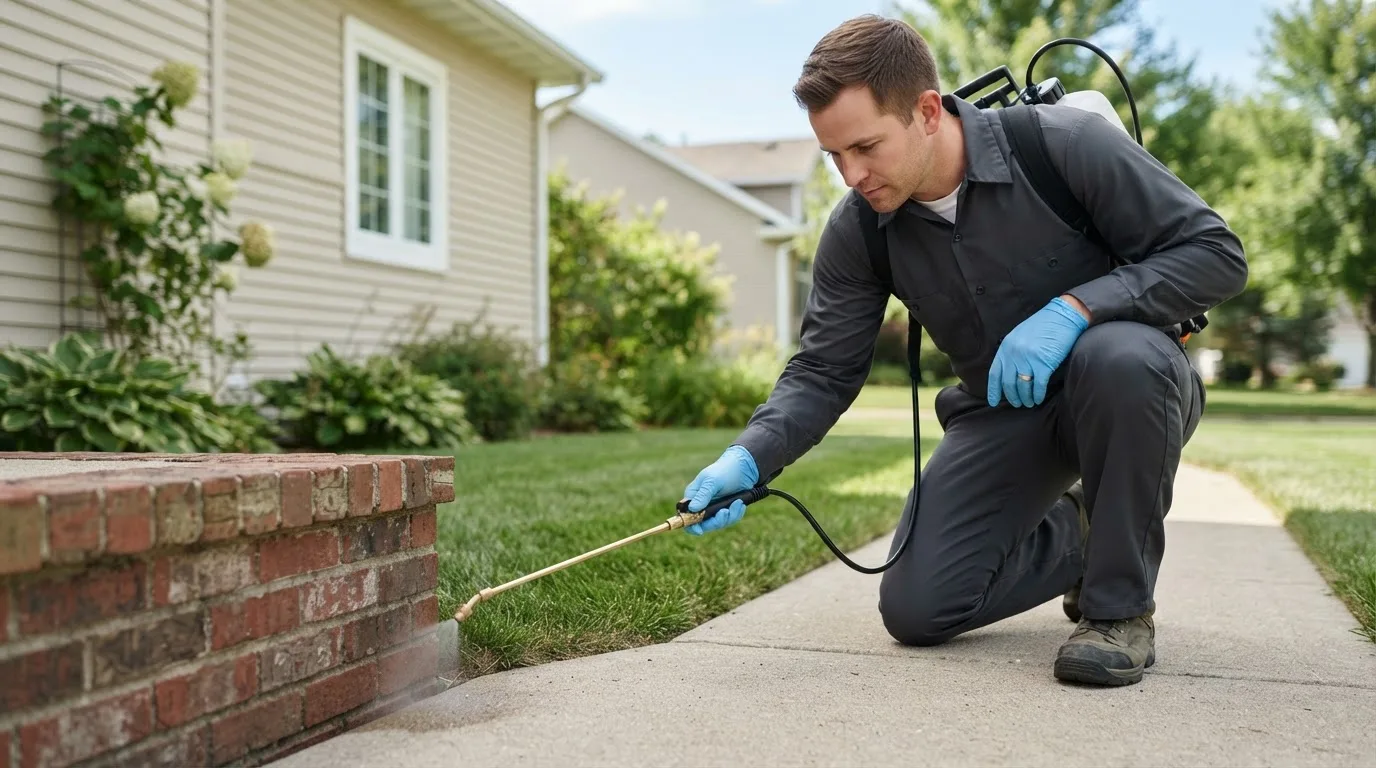 Pest control technician treating a home near Pease, MN