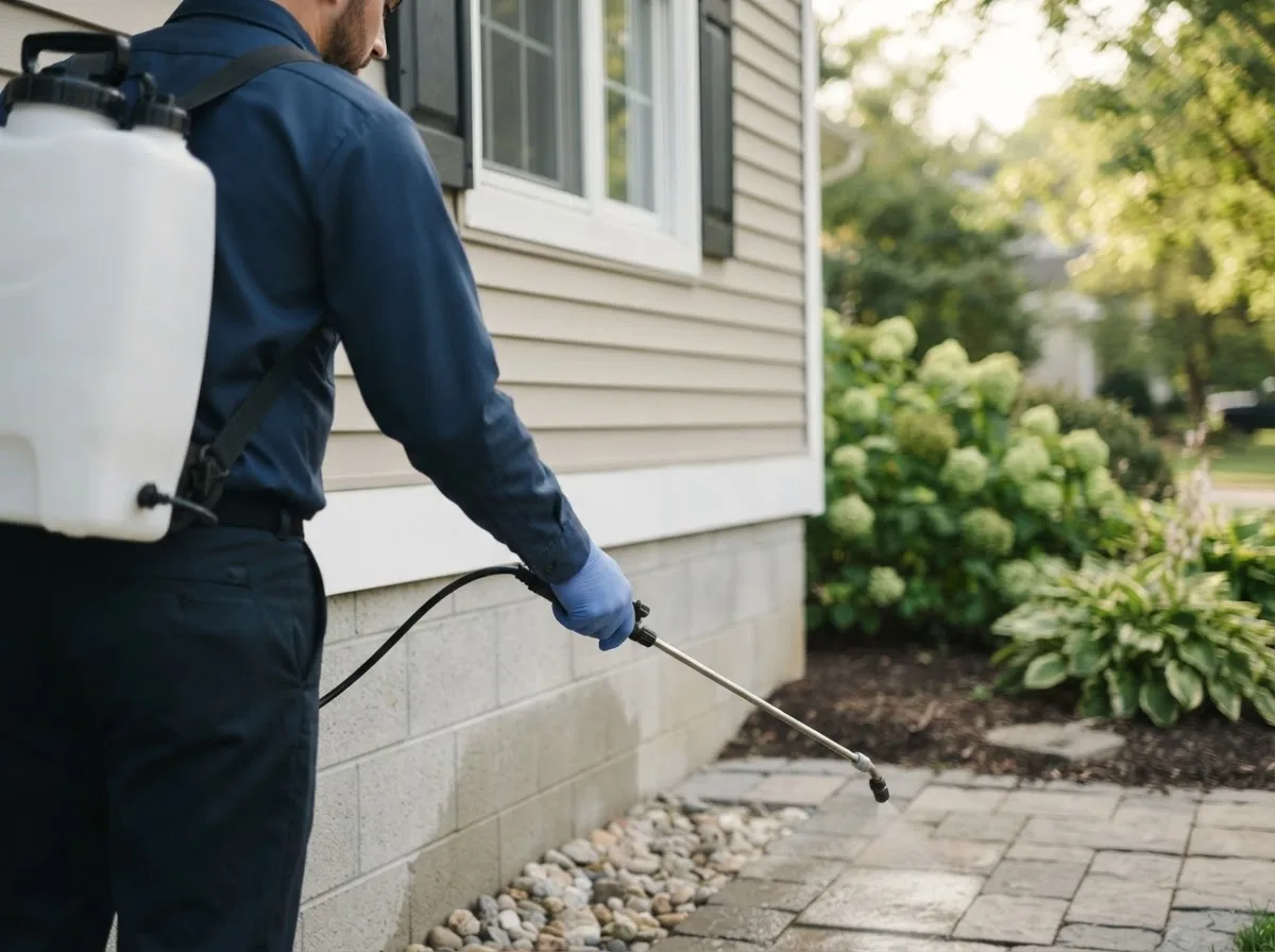 Pest control technician inspecting a home in Pease, MN